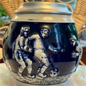 Vintage German Beer Stein. Cobalt Blue Stoneware Featuring Soccer Players.